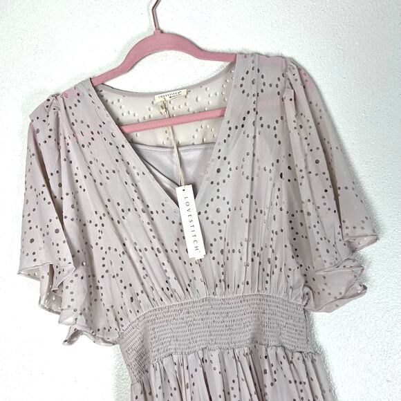 It’s All Love Chiffon Maxi Dress Medium – Boho Resort Laser-Cut Metallic Detail - Picture 2 of 12